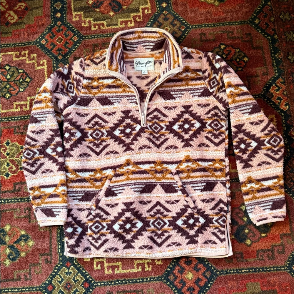 Wrangler Women's Fleece Pullover Sweater - Pink, Brown and Cream Aztec